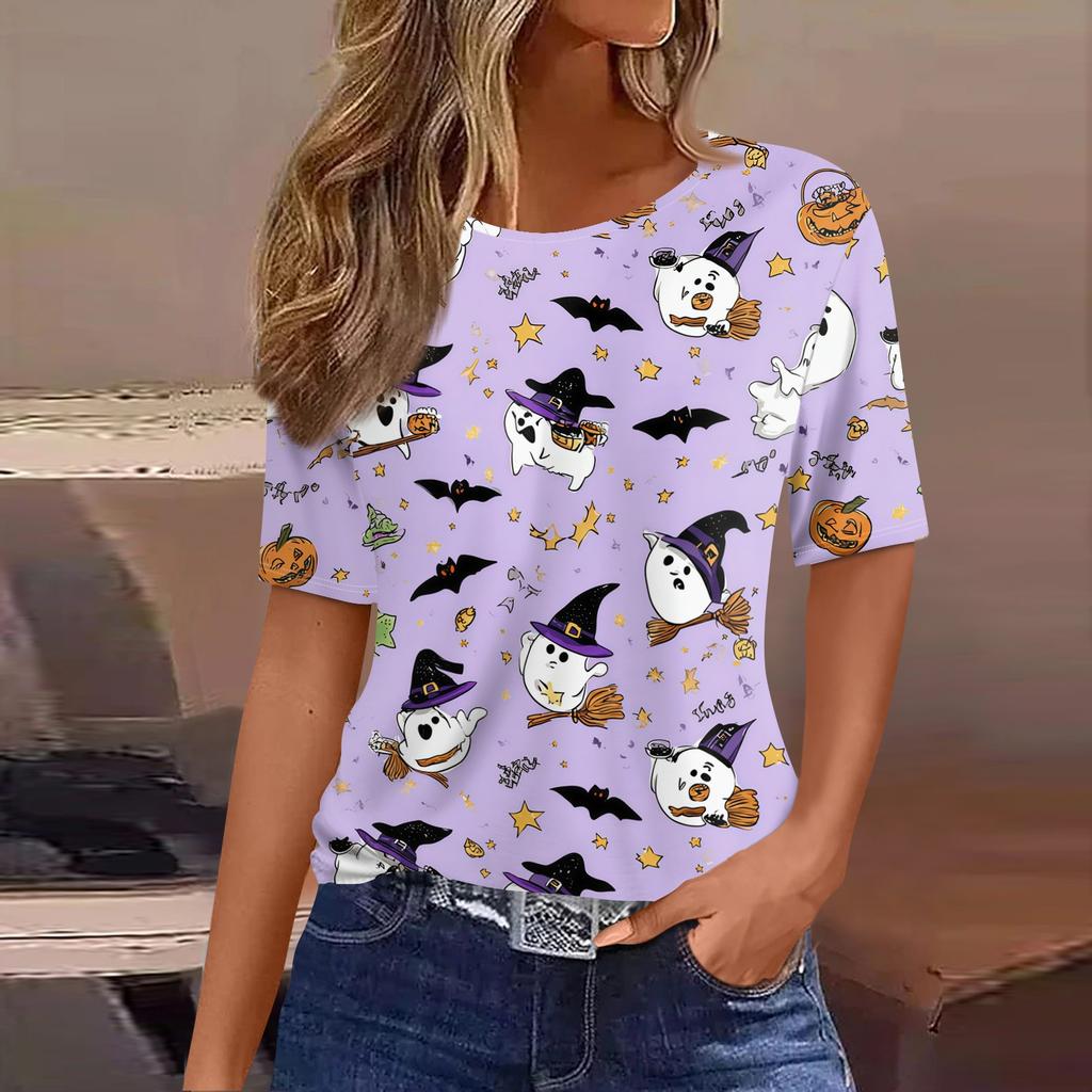 Women's Casual Short Sleeve Pullover Top Halloween Bat Pumpkin Print Round Neck Lightweight Shirt for Everyday Wear