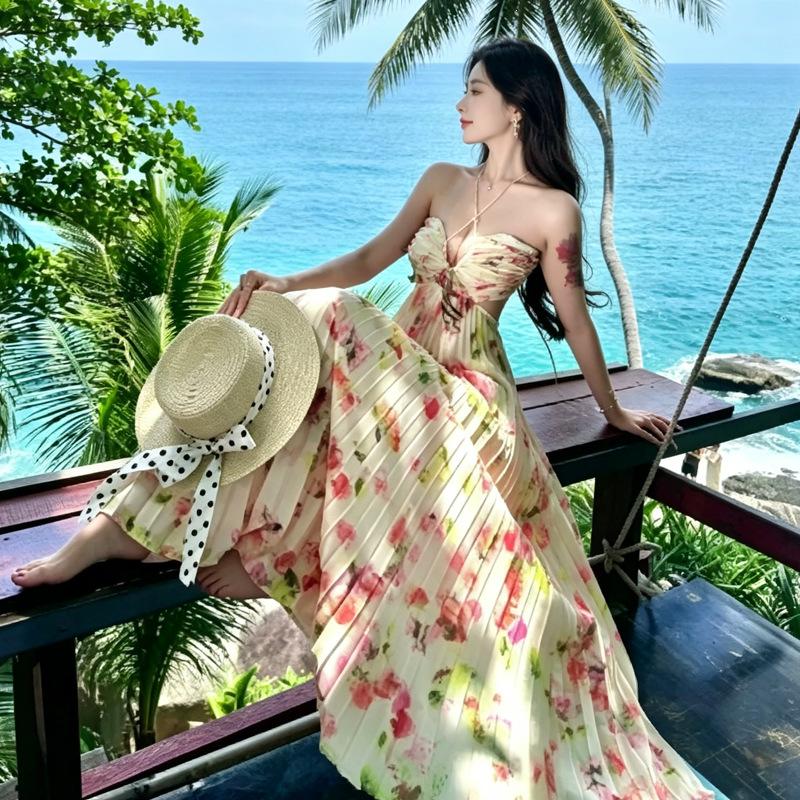Super fairy pendulum atmosphere floral temperament waist thin pleated neck tube top suspender long skirt seaside vacation skirt