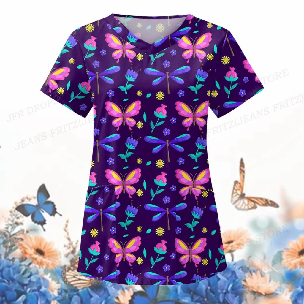 Dámská zdravotní uniforma Animal Butterfly s 3d výstřihem do V. Lékařské uniformy Harajuku ošetřovatelské peelingy Topy Uniforme enfermera Clinic