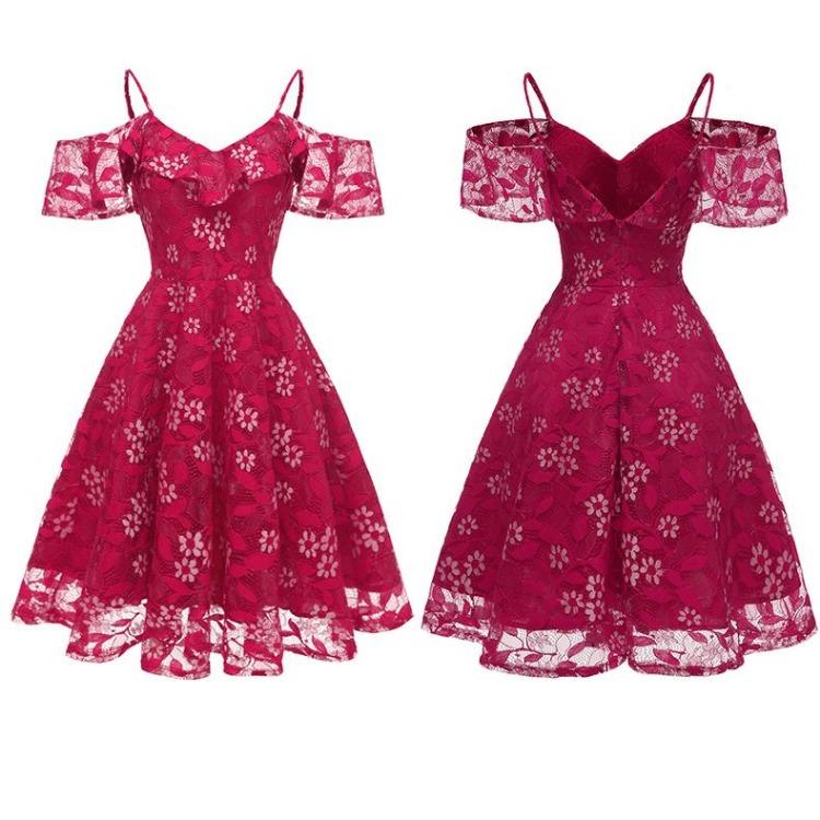 Bright Deer Women Cold Shoulder Bridesmaid Dress Floral Crochet Lace Ruffle Cami Strap Midi Dress for Wedding Evening Formal Party Cocktail Occasions