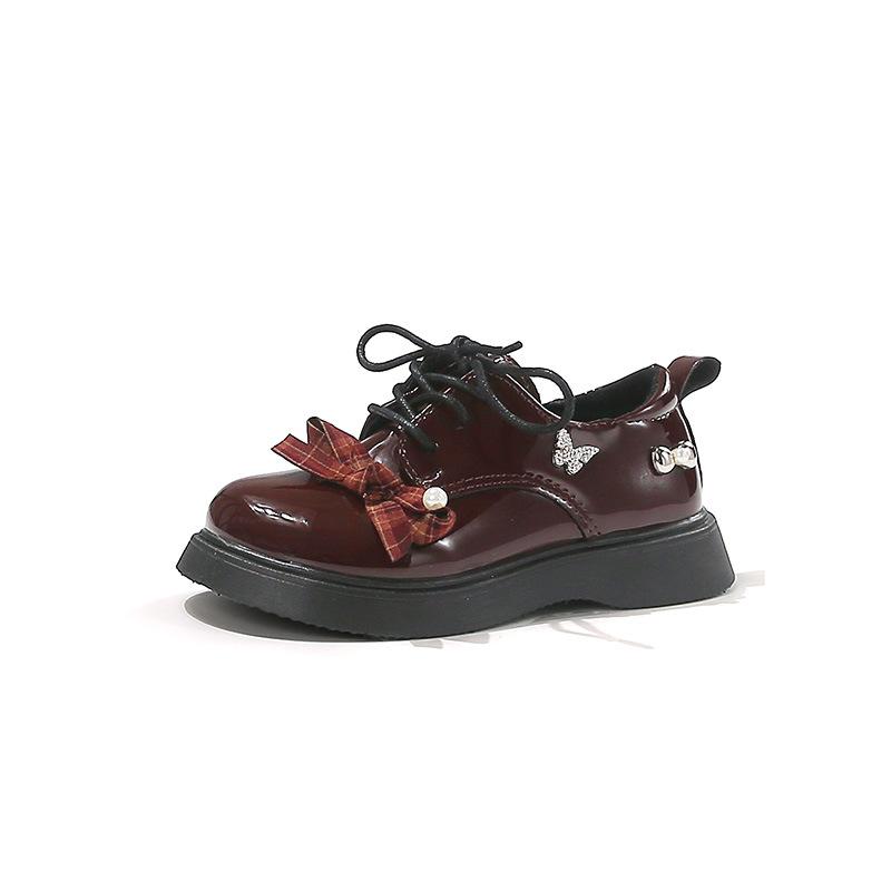 Childrens Spring Patent Leather Shoes Fashion Bow Baby Girl Casual British Flats size 26 бордовый