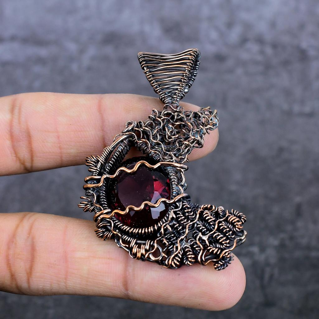 Natural Garnet Gemstone Handmade Copper Wire Wrap Jewelry Pendant 2.56" b0K01
