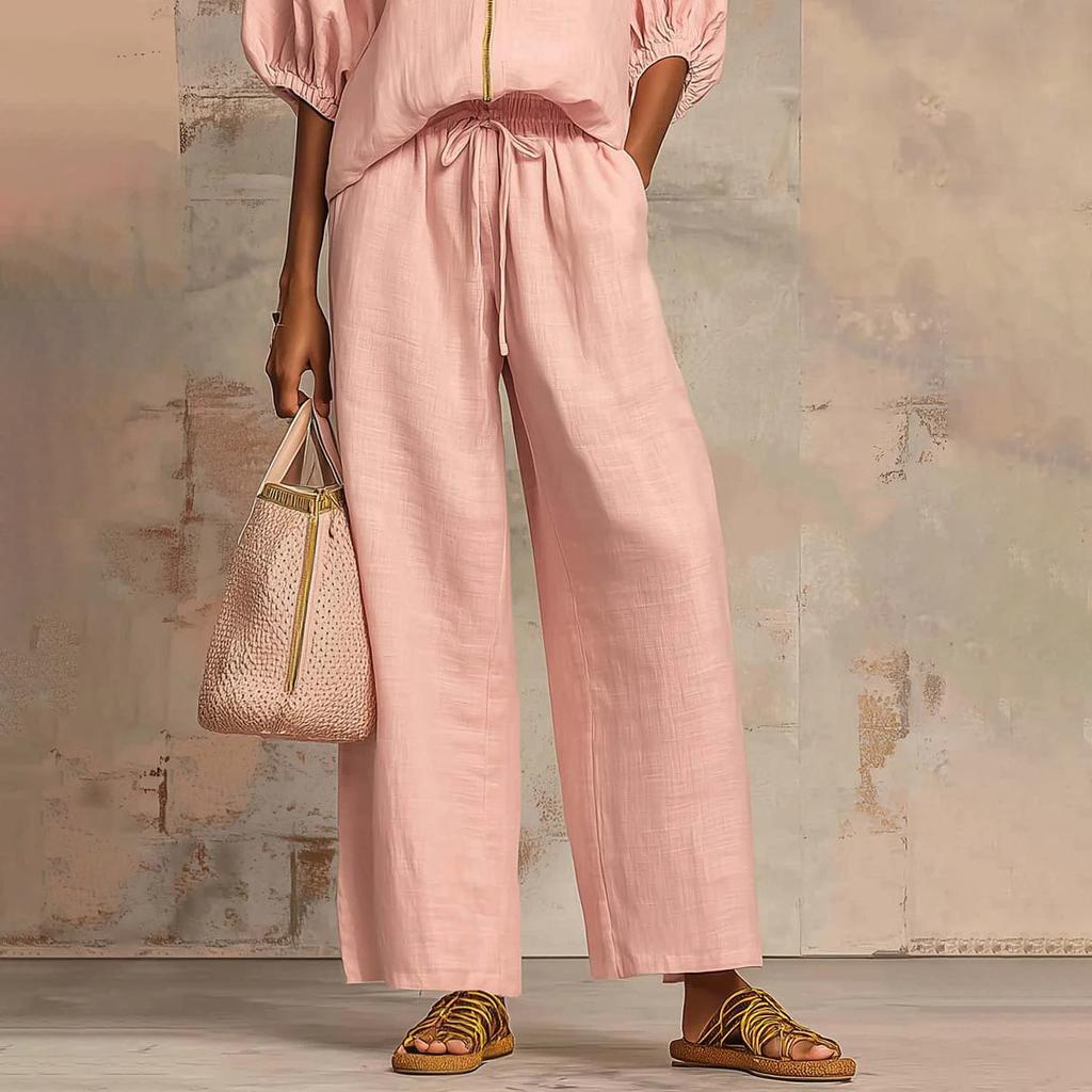 New Arrival Women's Casual Loose 2-Piece Set – Round Neck Zip-Up Top + Wide Leg Pants, Solid Color Loungewear Suit for Travel & Daily Wear