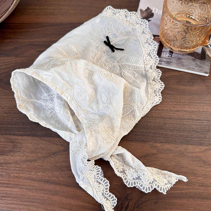 French Pastoral Lace Embroidered Bow Triangular Headscarf Female Head Mori Seaside Hair Accessories Photo Silk Scarf Headband