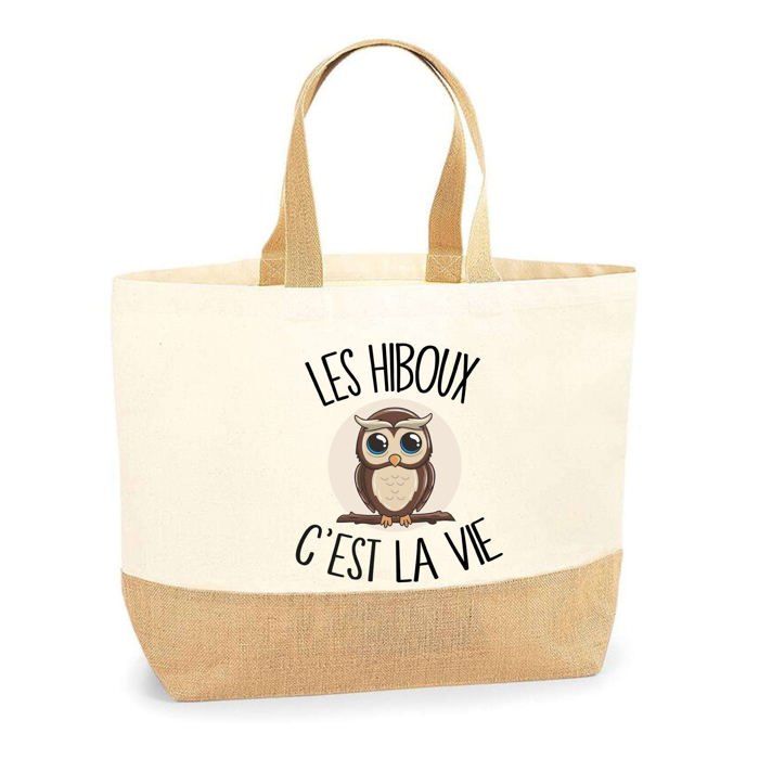 Cabas de plage - PLANETEE - Hibou c'est la vie - Jute naturel - Motif hibou - Fabriqué en France