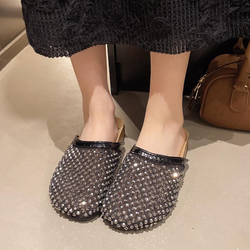 Fishnet Socks Slippers Women's Summer Rhinestone Low-heeled Flat Sandals Women's Rhinestone Slippers