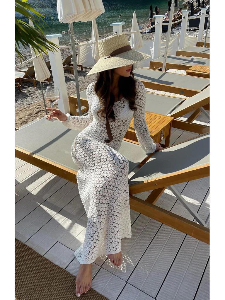 European & American Knit Hollow Long Sleeve Sexy Dress Beach Cover-up Hoodie Cardigan Bikini Outerwear