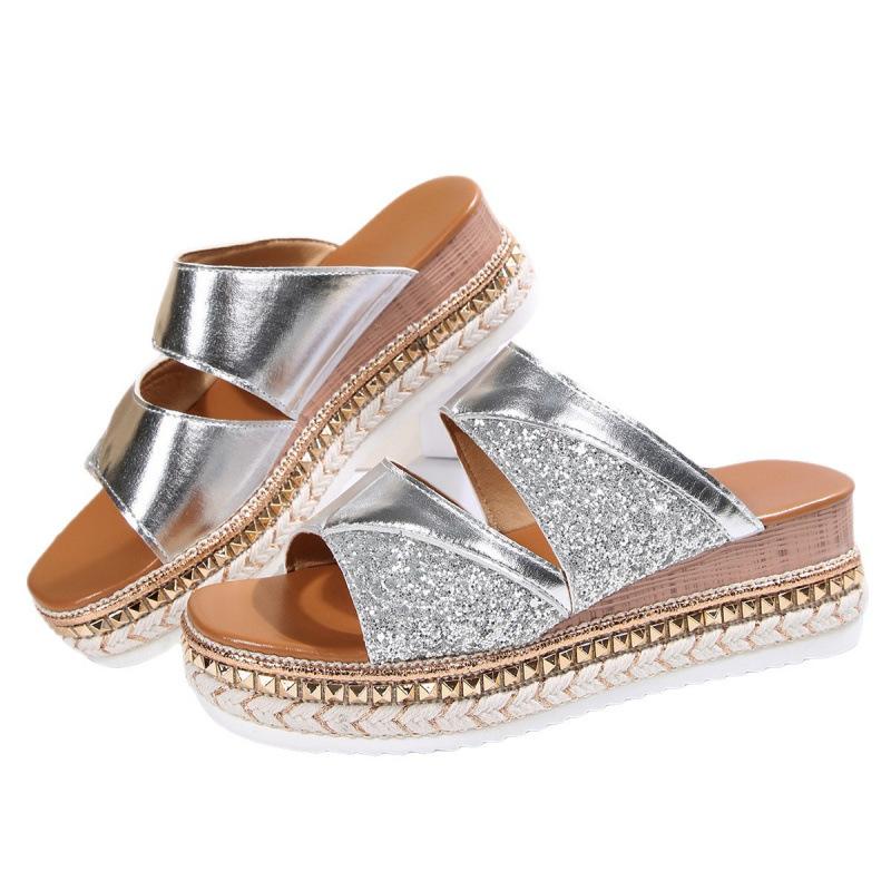 European and American large-size slope heel cool slippers summer new fish mouth buckle thick-soled glossy sandals