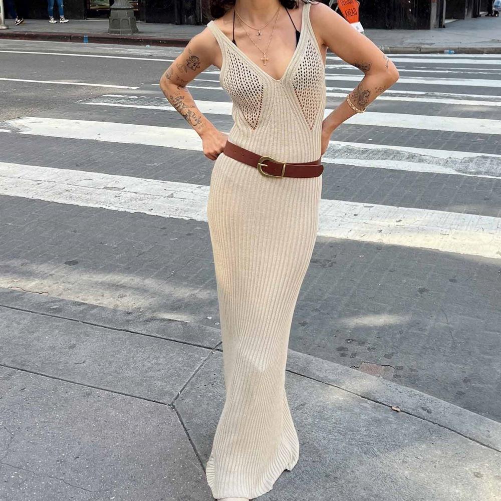2026 summer European and American ins women's clothing new hollow perspective suspender knitted V-neck sleeveless backless long skirt women