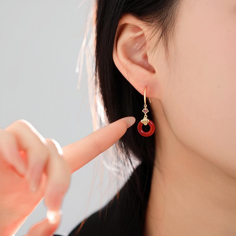 Ping An Buckle Chinese Knot Agate Ear Hook Vintage New Year's Gift Versatile Earrings Ear Jewelry