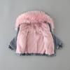 Girls' and Boys' Thick Fleece-lined Denim Jacket with Large Fur Collar - Winter Korean Style for Infants and Toddlers
