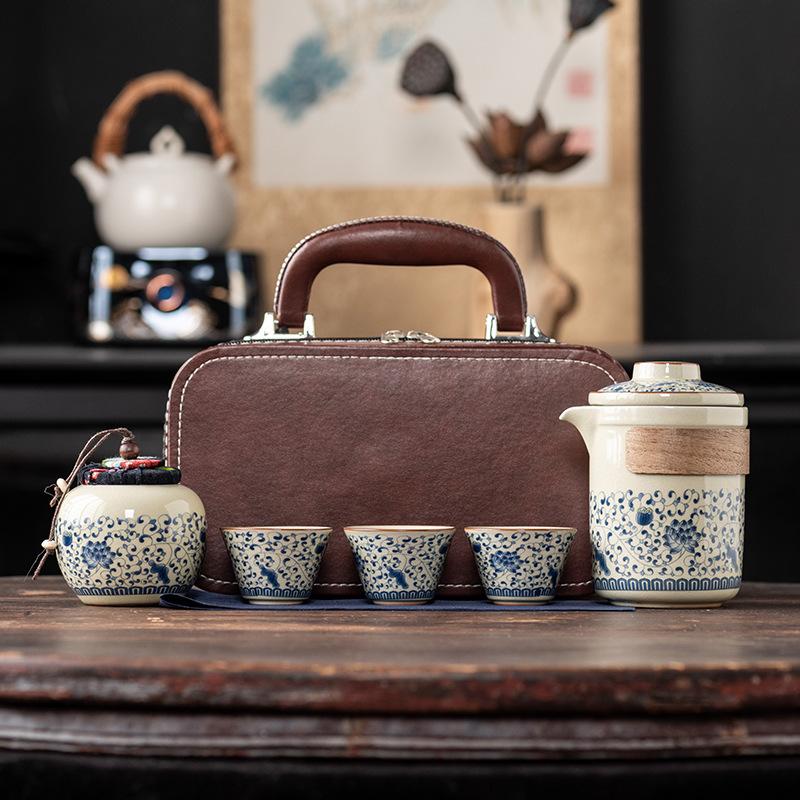 Wrapped lotus Ru kiln opening high-end travel tea set outdoor portable light luxury business commemorative gifts