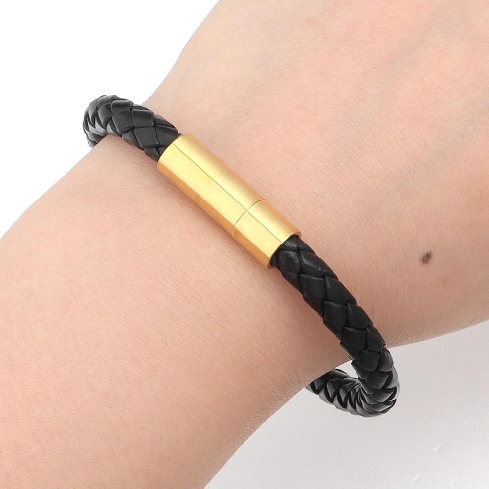 1pc 20cm Simple Design Men's Bracelet Genuine Leather Braided Stainless Steel Magnetic Buckle Bangle For Women Men Jewelry Gifts