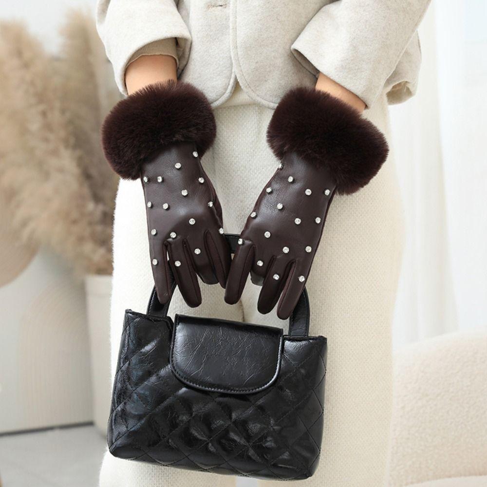 Plush Rhinestone Winter Gloves Velvet Women Warm Mittens All-Match Pu Leather Gloves  Autumn