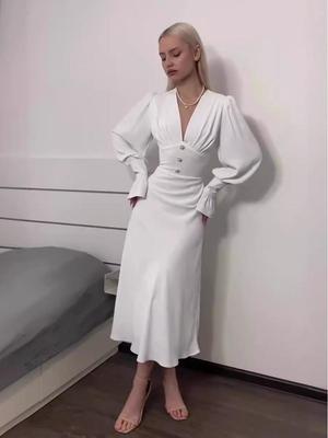 2024 Autumn Women's Solid V-Neck Waist-Tie Slimming Long-Sleeve Elegant Dress