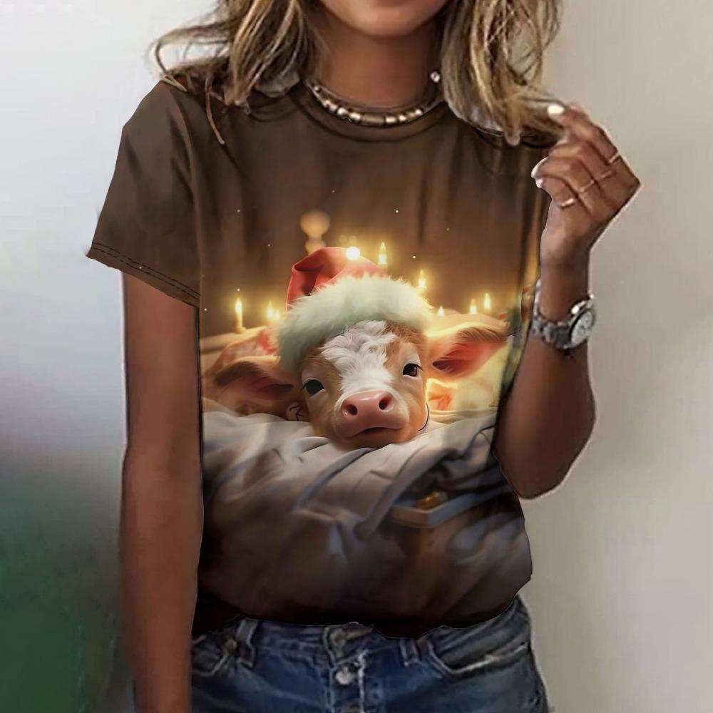 Vintage Cartoon Yak Print Tees Ladies Short Sleeve T Shirt 2025 Summer Casual Daily