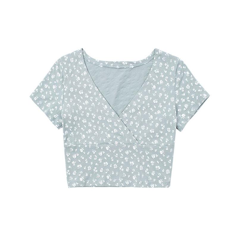 

WTEMPO для девочек, летние французские винтажные футболки с v-образным вырезом и короткими рукавами, женские повседневные тонкие универсальные укороченные топы с высокой талией XL небесно-голубой