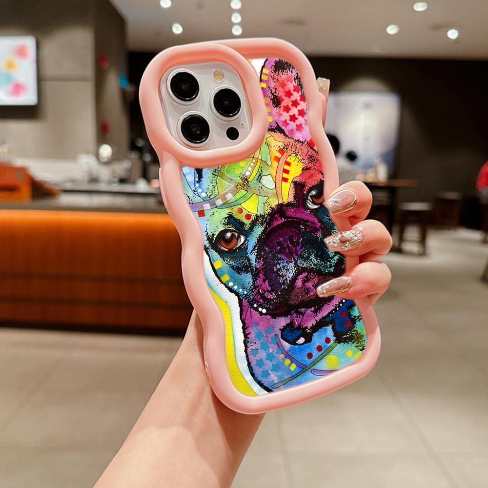 Macaron Big Wave Soft Phone Case for iPhone 11 12 13 14 15 Samsung A13 A14 A15 A24 A53 A54 A55 Xiaomi Redmi Note 13 12C Cover A44 French Bulldog Dog