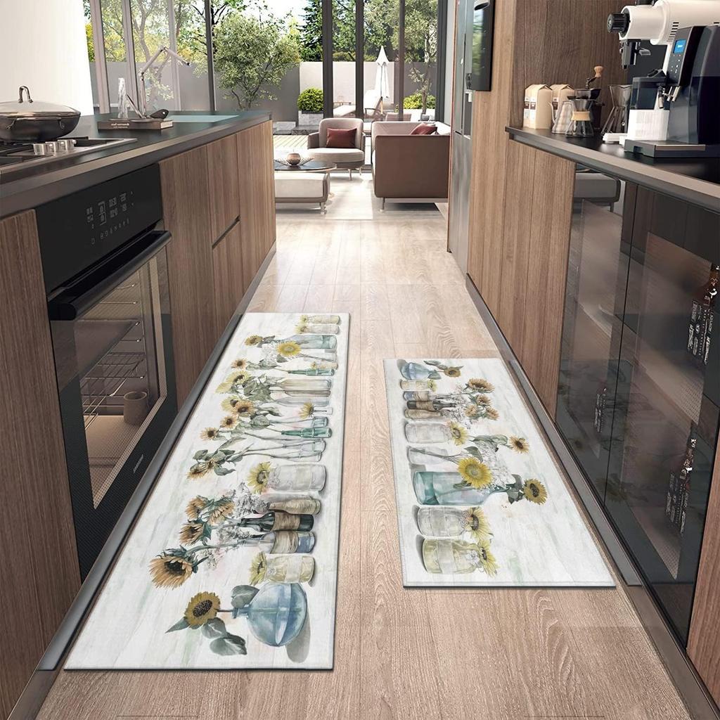 Sunflower Farmhouse Kitchen Rugs Colorful Summer Flowers Decorative Rug for Kitchen Low-Profile Floor Mats for Home Kitchen