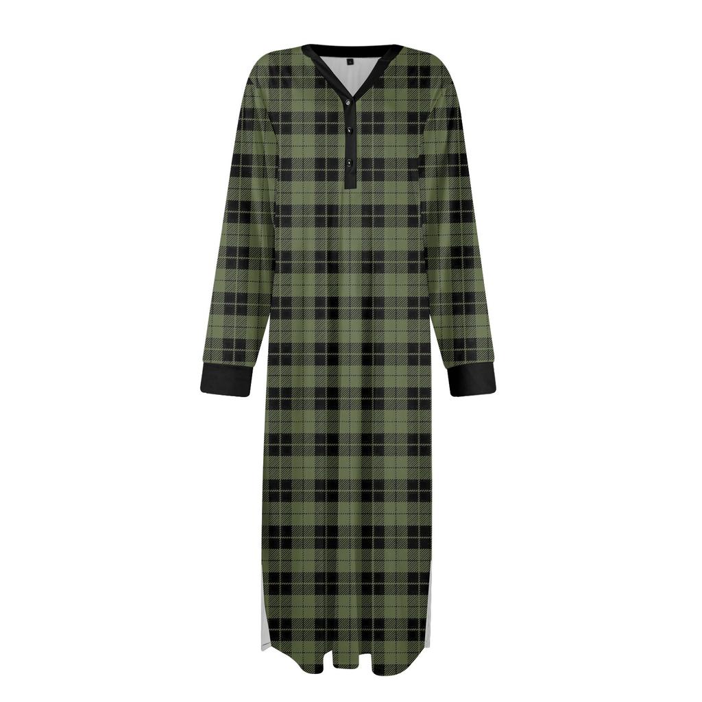 Women's Nightgown Fashion Printed Long Housecoat V Neck Pajamas With Pockets Dress