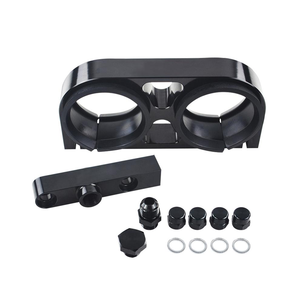 WLR - Twin Fuel Pump Bracket Billet Aluminium Assembly OUTLET Manifold In Black for 044 fuel pump With PQY Logo