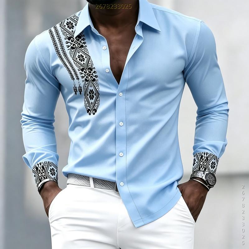 Men's High-quality Personalized Geometric Printed Long Sleeved Shirt with White Collar Shirt, Trendy Casual Men's Clothing