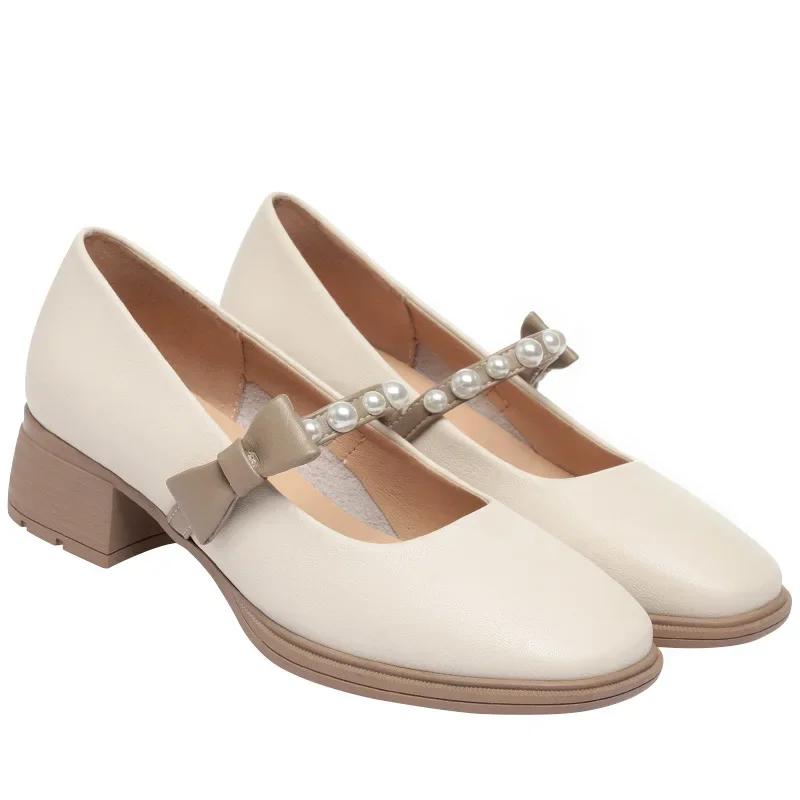 4cm Breathable Fashion Med Block Heels Shoes Women Mary Janes 2025 Fall Shallow Mouth Pearl Bow Leather Shoes for Office Mom