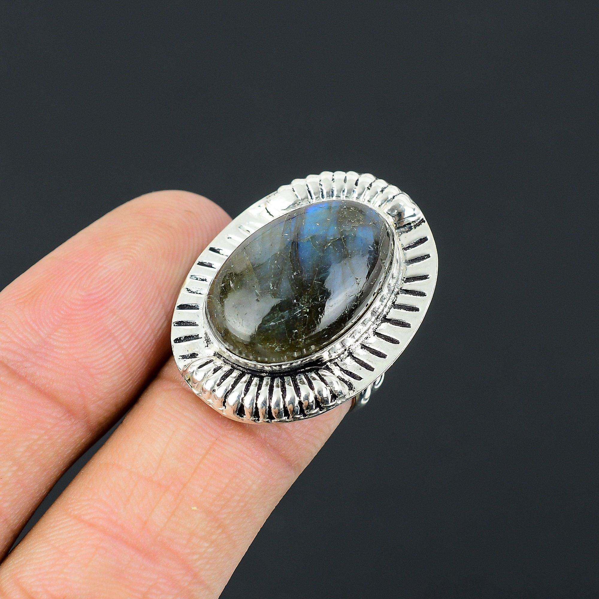 Halloween Sale 925 Silver Labradorite Gemstone Third Eye Chakra Boho Ring Size 7 7