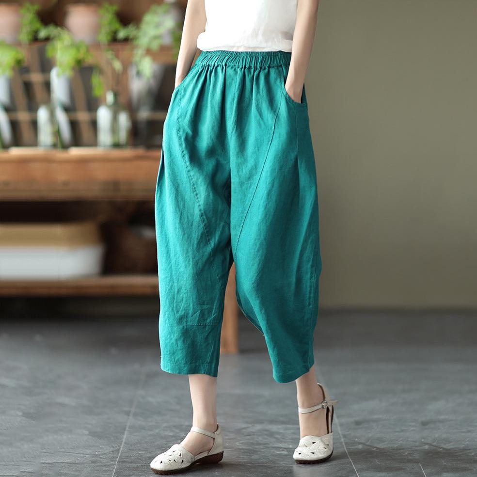 

Свободные лоскутные однотонные эластичные брюки-девять с эластичной талией для женщин 2XL