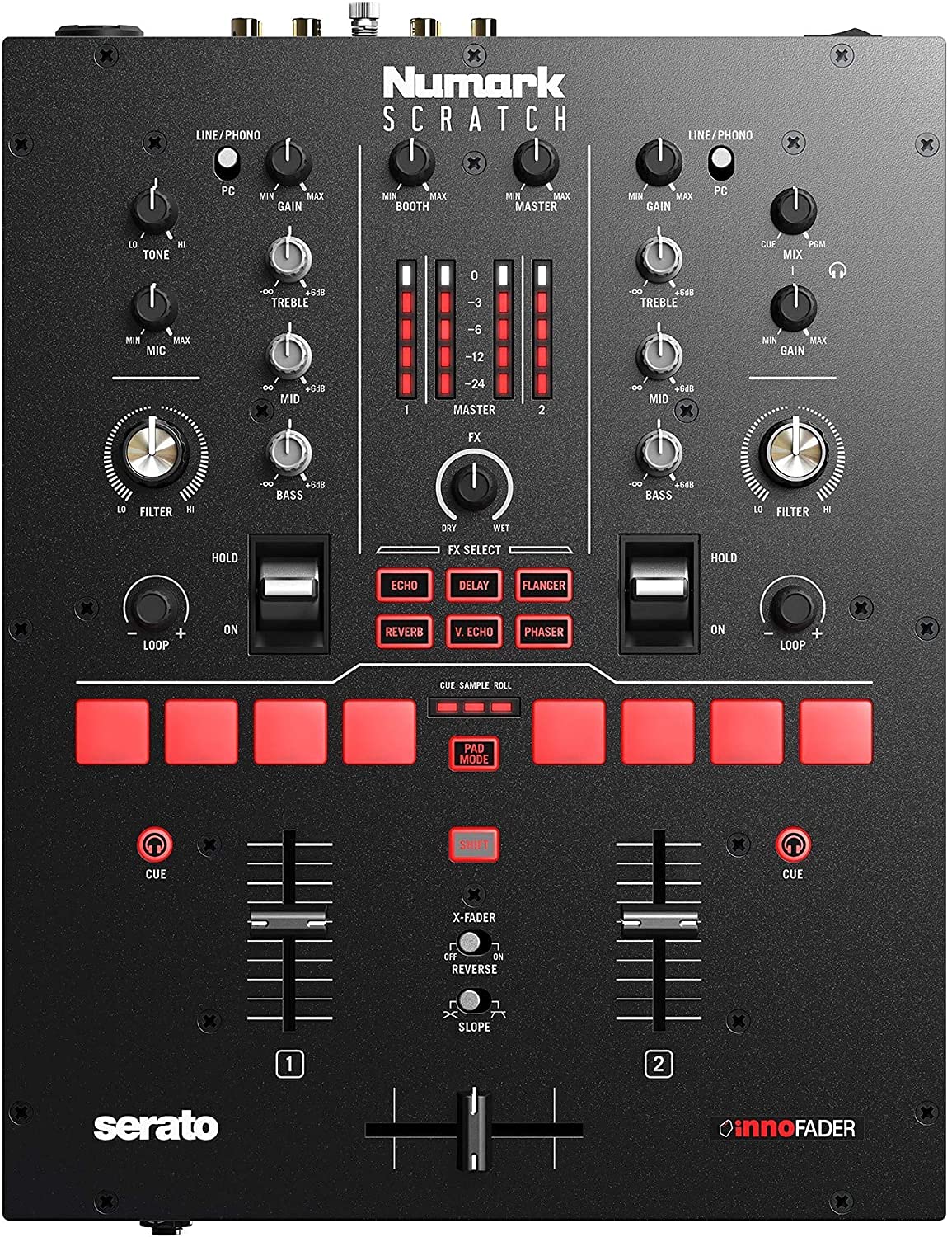 

Numark 2-channel scratch mixer Serato DJ ProDVS license included Innofader crossfader, 6 direct access effects Performance pads 24-bit sound quality