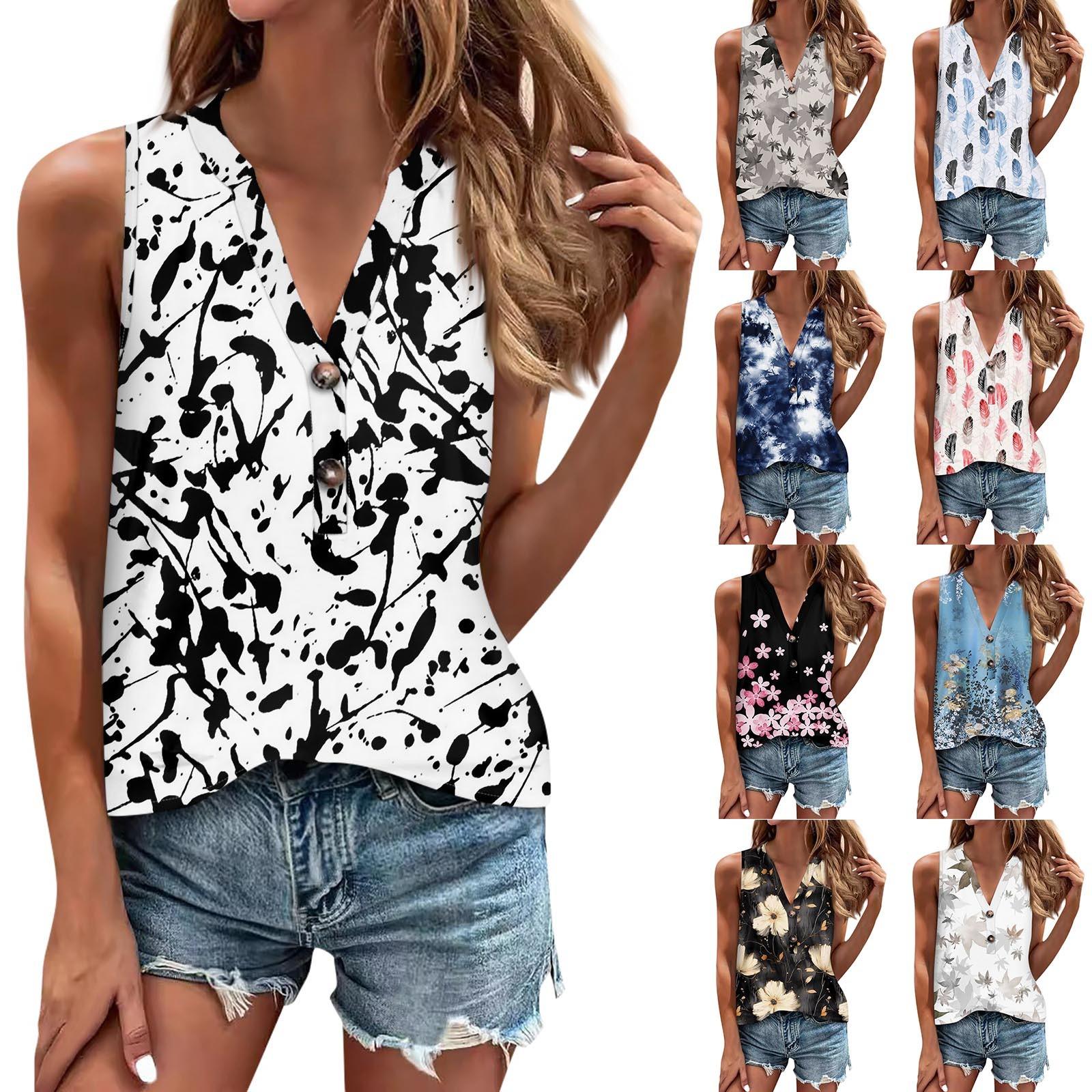 

Women s Blouse Button Print Sleeveless Casual Basic Top Pullover