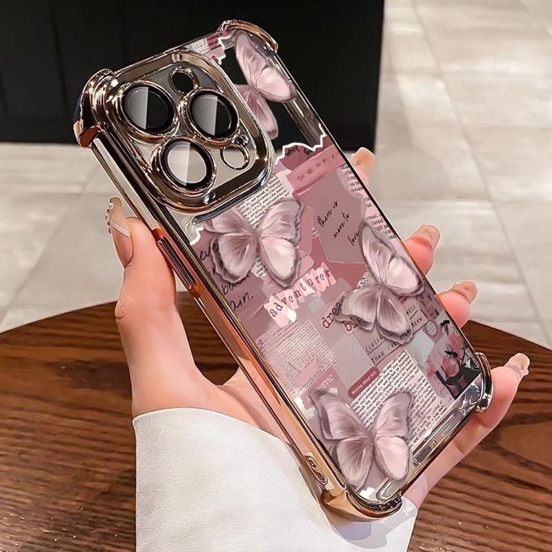

Newspaper Pink Butterfly Electroplated Airbag Transparent Phone Case For iPhone 16 Pro Max 15 14 Plus 13 12 11 17 Air 16E Cover iPhone 12 Pro