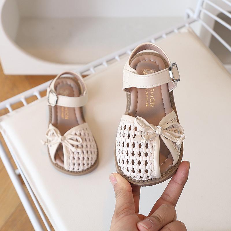 Girls Bow Decor Woven Hollow Out Closed Toe Sandals