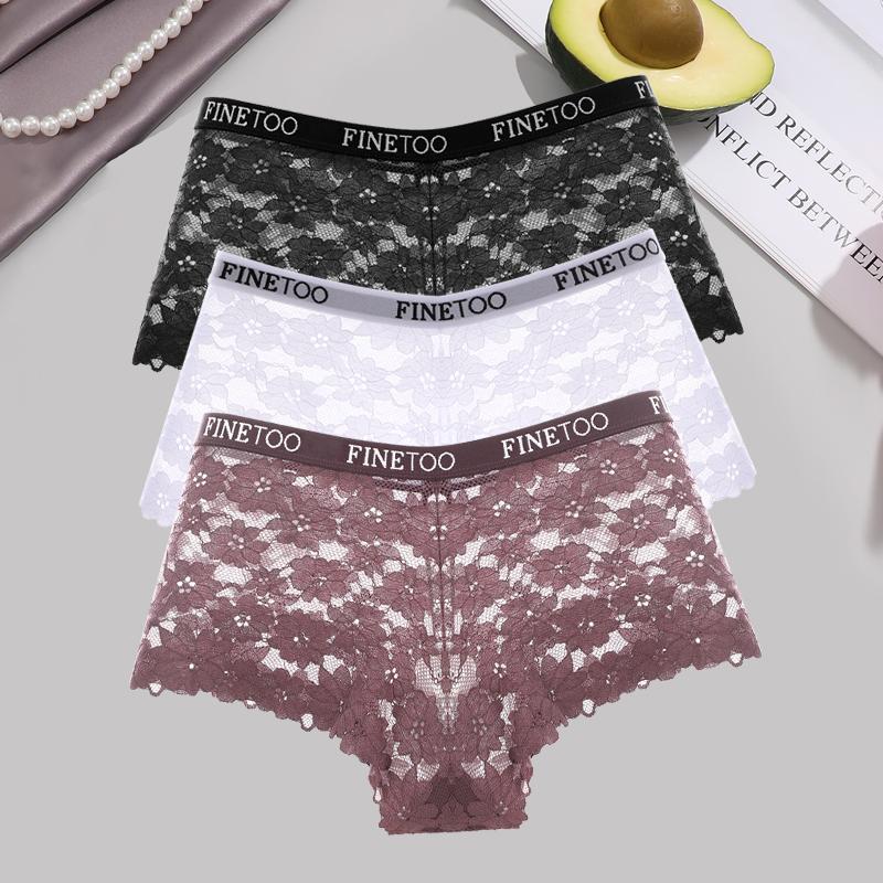 3Pcs Lace Hollow Out Boyshorts Women's Sexy Floral Panties 5 Solid Colours Underwear Letter Belt Briefs Perspective Lingerie