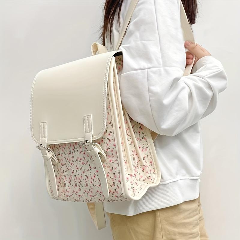 Women s Tulip Print Backpack, Adjustable Shoulder Strap, Casual Style Student Backpack, Japanese Gentle Style Backpacks белый