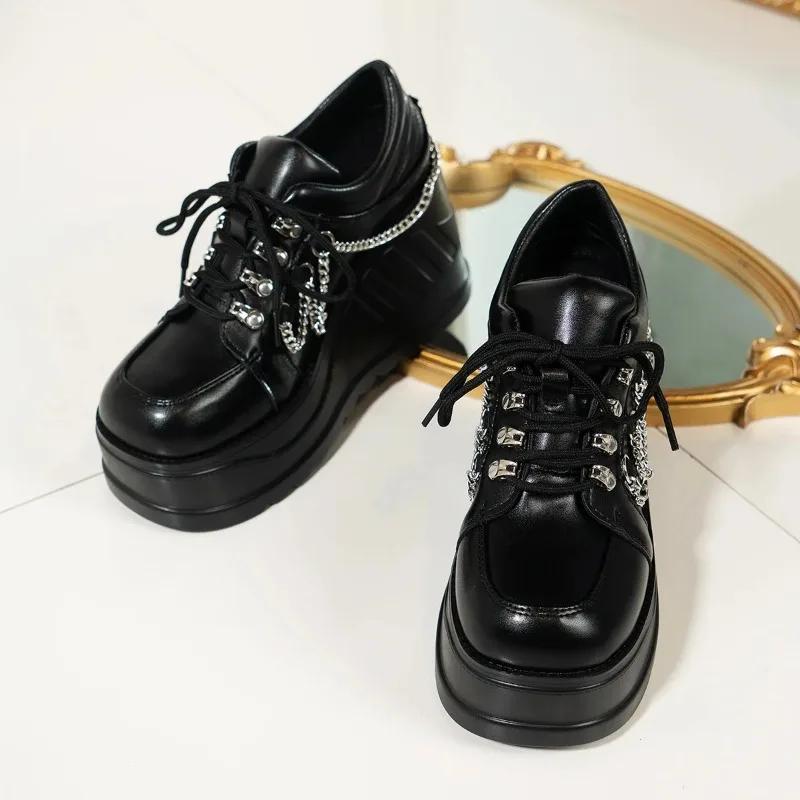 Fashion 2025 New Size 42 Black Lace Up Buckle Wedges Platform Women's Sneakers Thick Bottom Fashion Gothic Punk Shoes Zapatos Mujer
