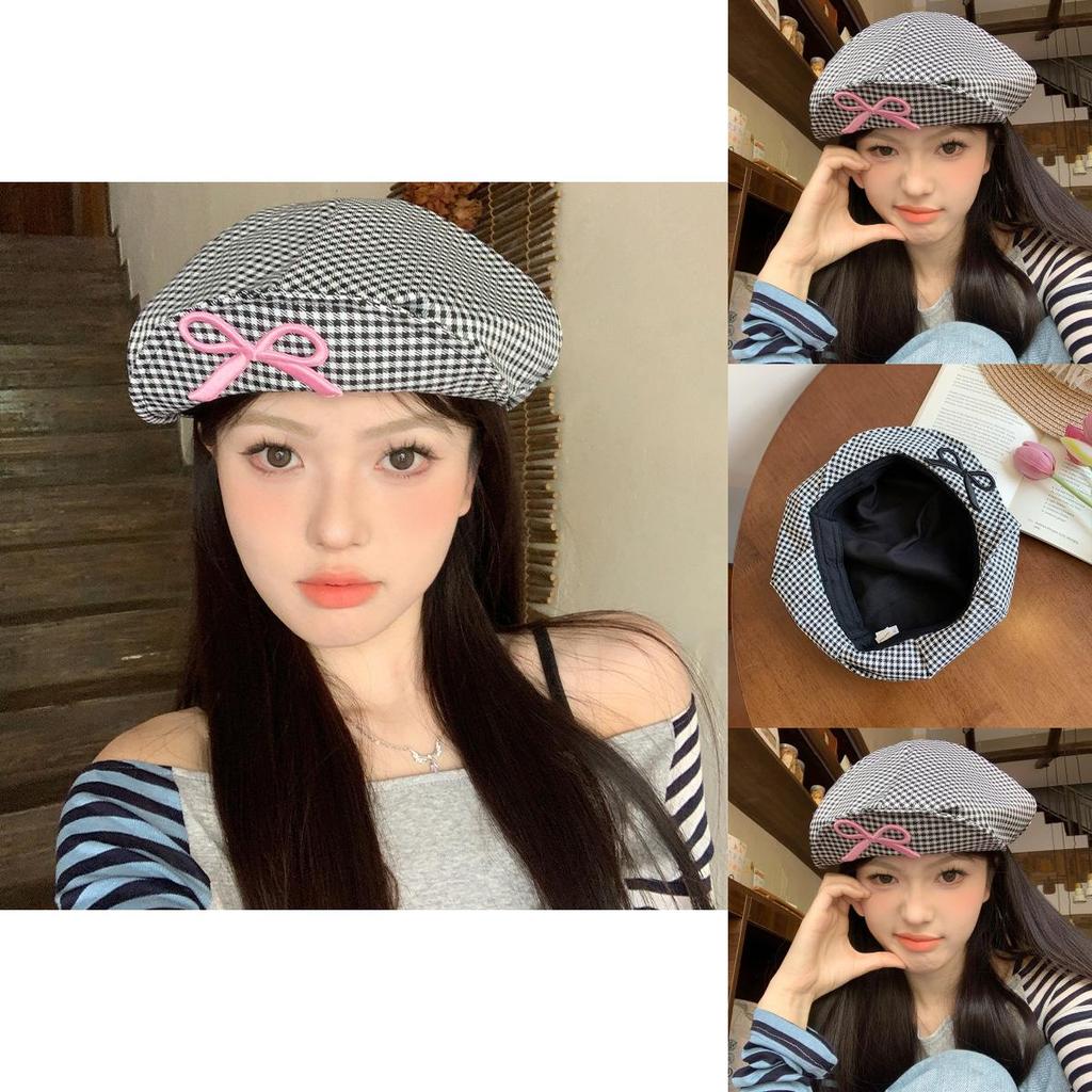Elegant Korean Style Plaid Bowknot Cloud Beret Hat For Women And Men Spring Fashion