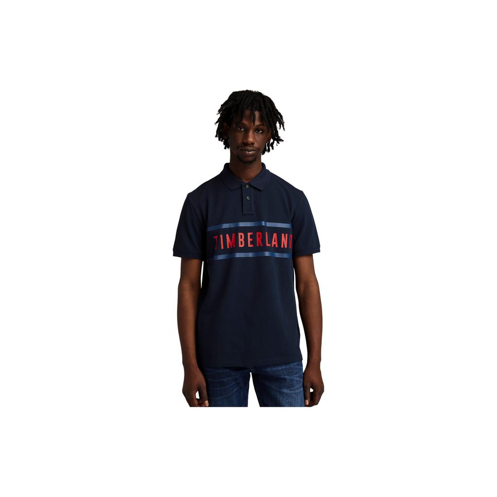 Timberland Buchstabenprint Gestreiftes Lässiges Kurzarm-Poloshirt Herren Poloshirts Marineblau A43K2-433