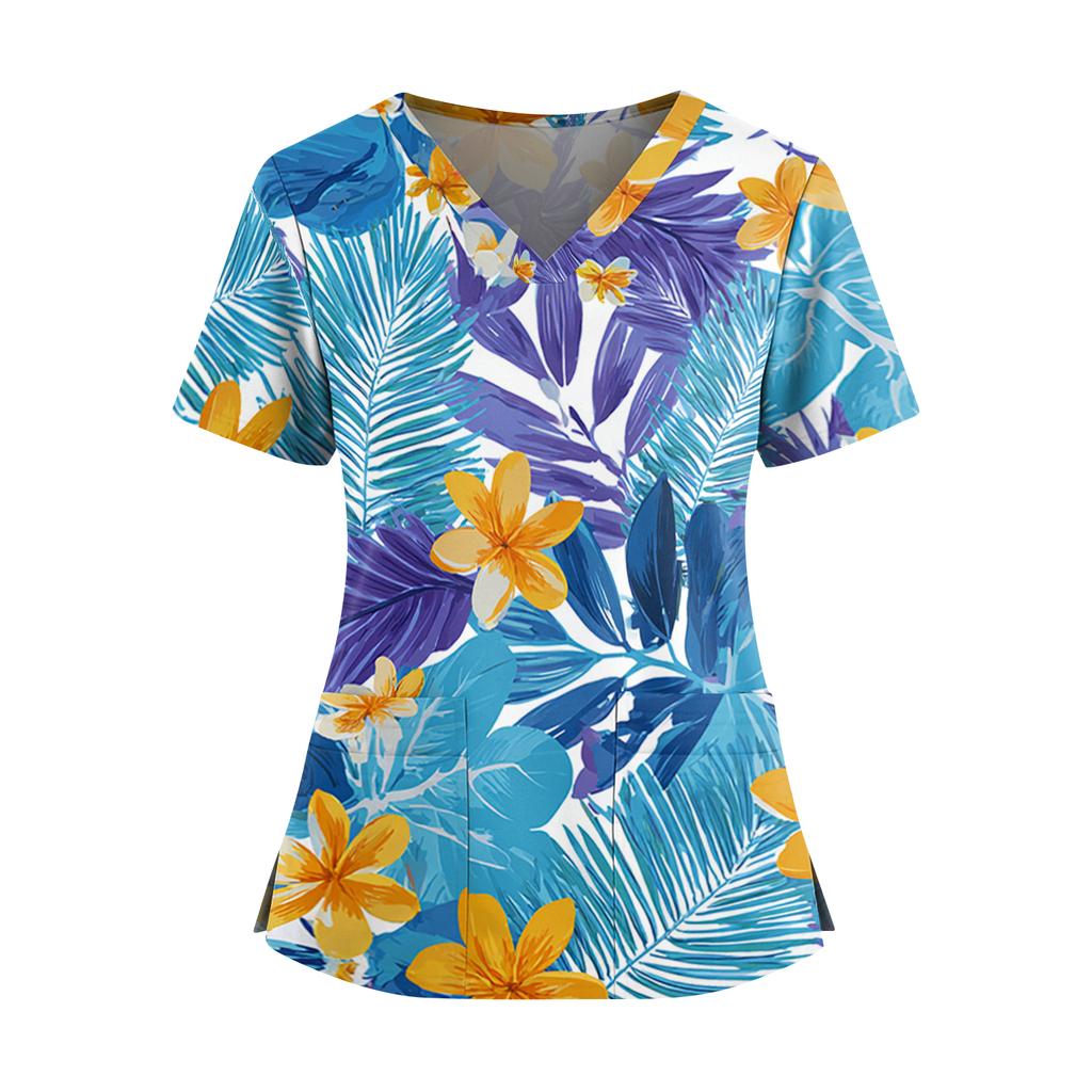 Women's Hawaiian Print V-Neck Double Pocket Short Sleeve Uniform/ Top