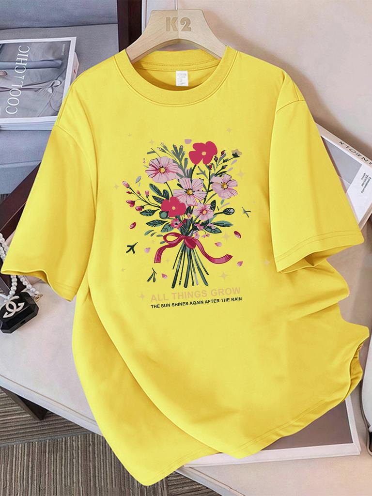 Summer T-Shirts Women Cotton All Things Grow Beautiful Flowers Print Tops Loose O-Neck Soft Comfortable T Shirt Casual Clothes