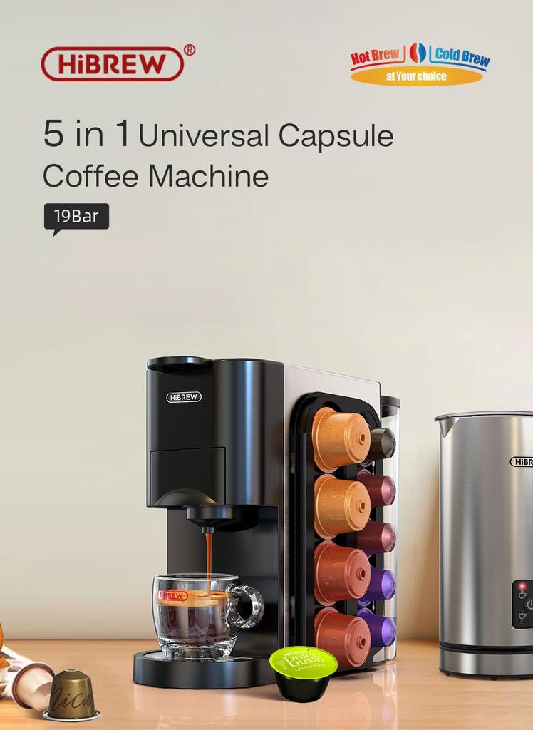 HiBREW H3A Kapsel-Kaffeemaschine 5 in 1 Kaffeemaschine, 19 bar Druck, Kalt-/Heißmodus, 800 ml Wassertank, Trockengehschutz