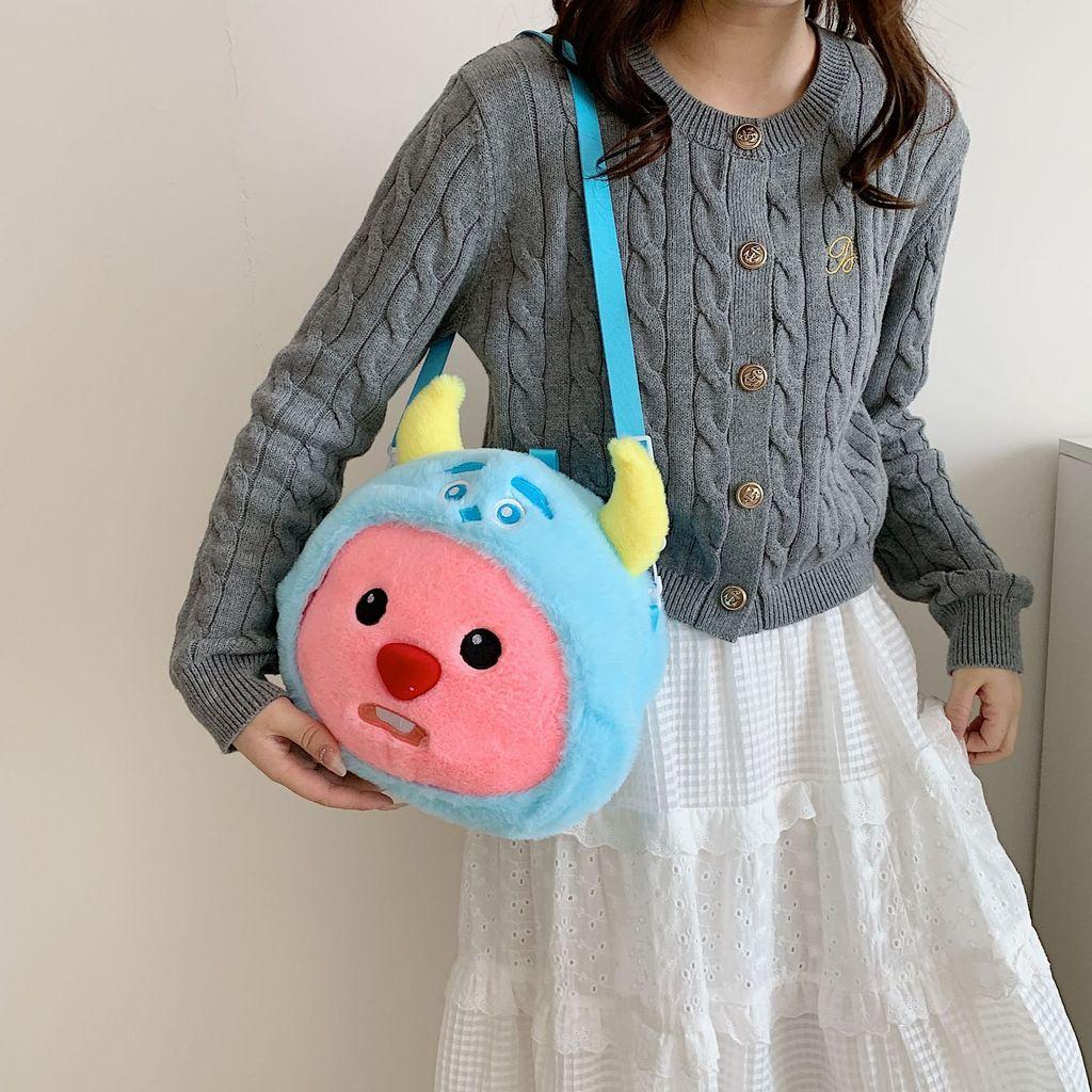 Loopy Hello Kitty Stitch Cartoon Plush Soft Round Bag With Zipper Closure For Daily Use