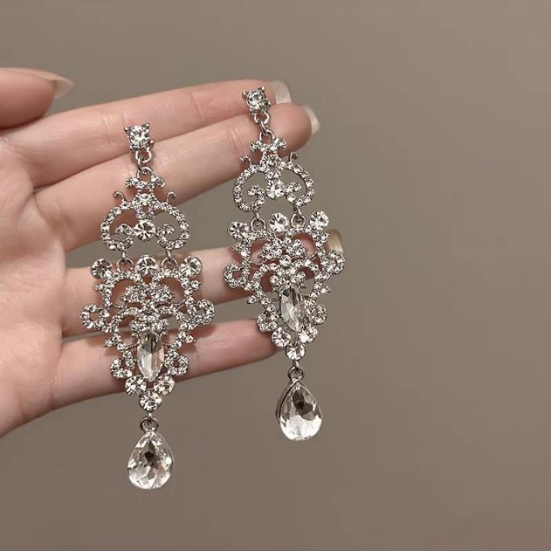 Silver Needle Diamond Flower Water Drop Tassel Earrings Exaggerated Earrings Light Luxury Premium Earrings Women
