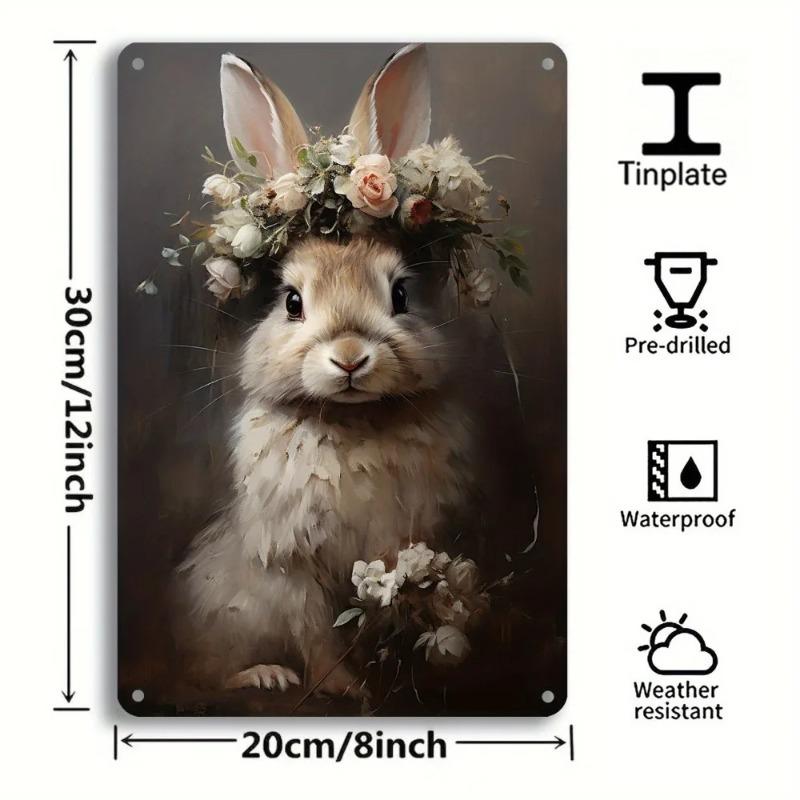 Vintage Rabbit Metal Wall Art Retro Floral Tin Sign Home Bar Decor Easter Bunny 12x8 Inch