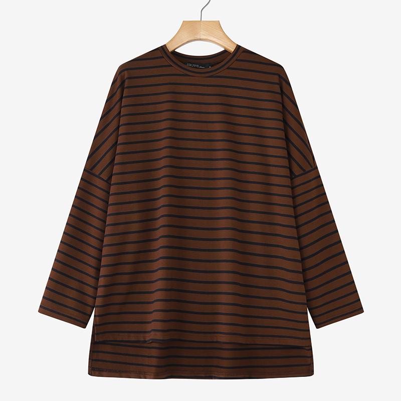 ZANZEA Women Irregular Hem Casual Round Neck Stripe Long Sleeve Blouse