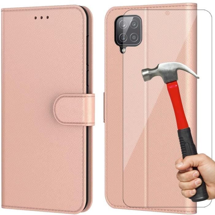 Pack de Coque et Verres - Samsung - A12 - Rose - Anti Rayure - Effet Cuir