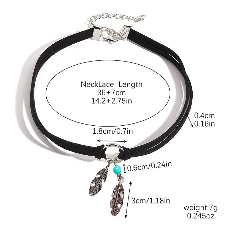Velvet Choker Black Leather Choker Necklace Antique Color Feather Shape Charm Multilayer Chain Necklace