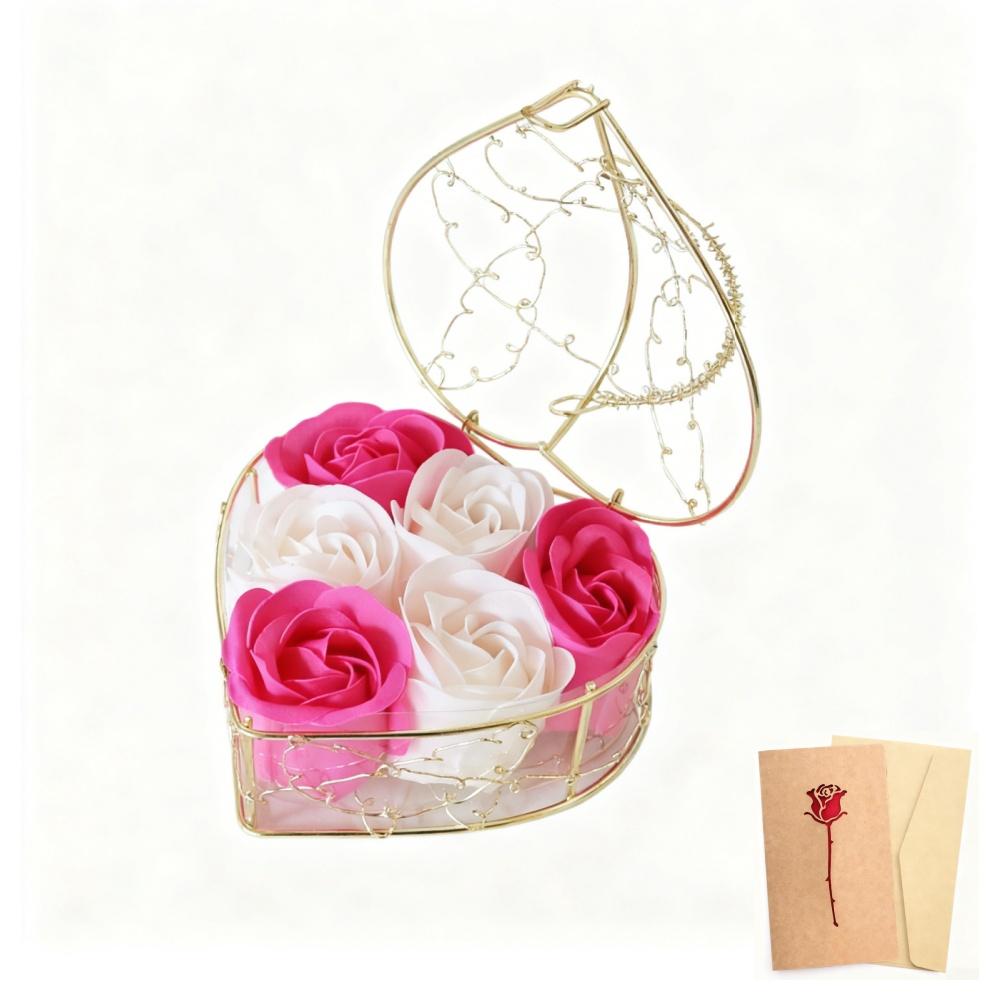

1set Rose Soap Flower Gift Box Artificial Rose In Gold-plated Heart Shaped Iron Basket Creative Wedding Valentine s Day Gift