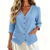 Women's Casual Linen Shirt with Three-Quarter Sleeves Button Down Loose Fit Top with Pockets