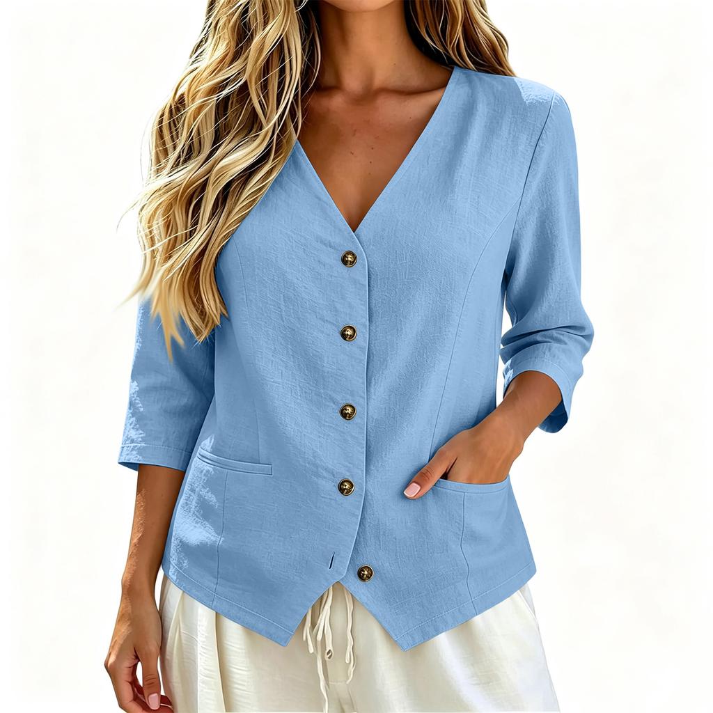 Women's Casual Linen Shirt with Three-Quarter Sleeves Button Down Loose Fit Top with Pockets